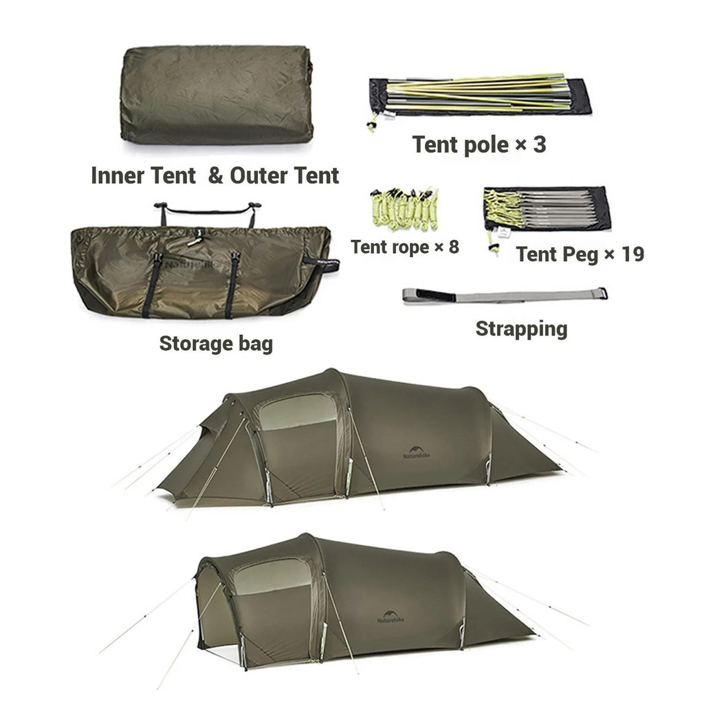 Naturehike, Ultralight Hiking Tent, Tear-resistant Tunnel Tent, Waterproof Camping Tent, Windproof Tent with Hall, 15D Lightweight Silicone-coated Nylon Fabrics,Large size for 2/3 Person.
