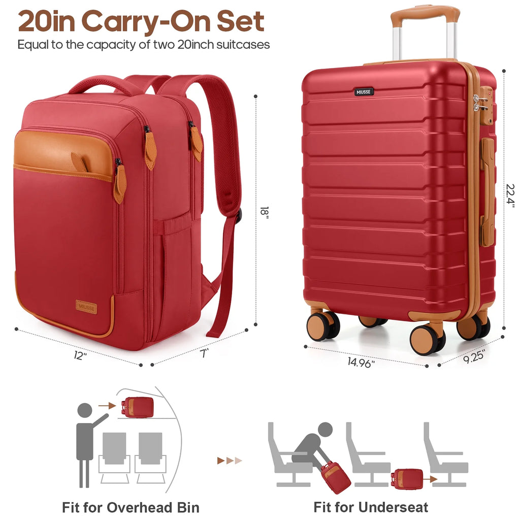 MIUSSE Carry on Luggage Set 3 Piece Hard Shell Luggage Sets with Spinner Wheels TSA Lock Carry on with Backpack Set