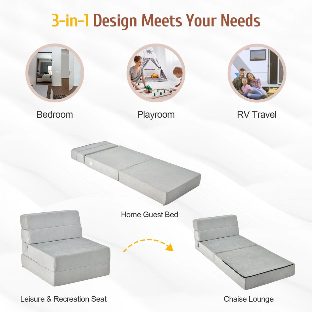 Costway Tri-Fold Fold Down Chair Flip Out Lounger Convertible Sleeper Bed Couch Dorm Grey