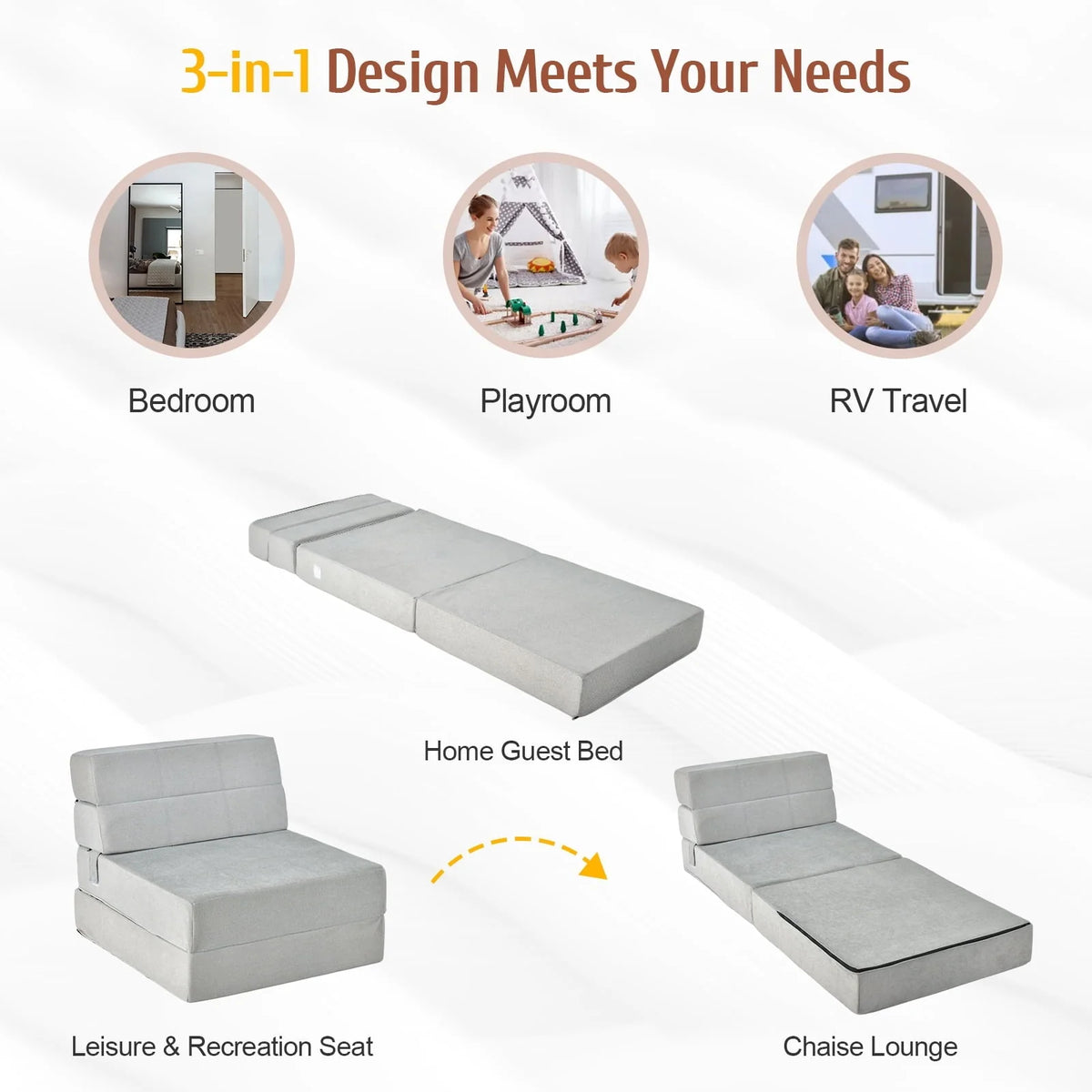 Costway Tri-Fold Fold Down Chair Flip Out Lounger Convertible Sleeper Bed Couch Dorm Grey