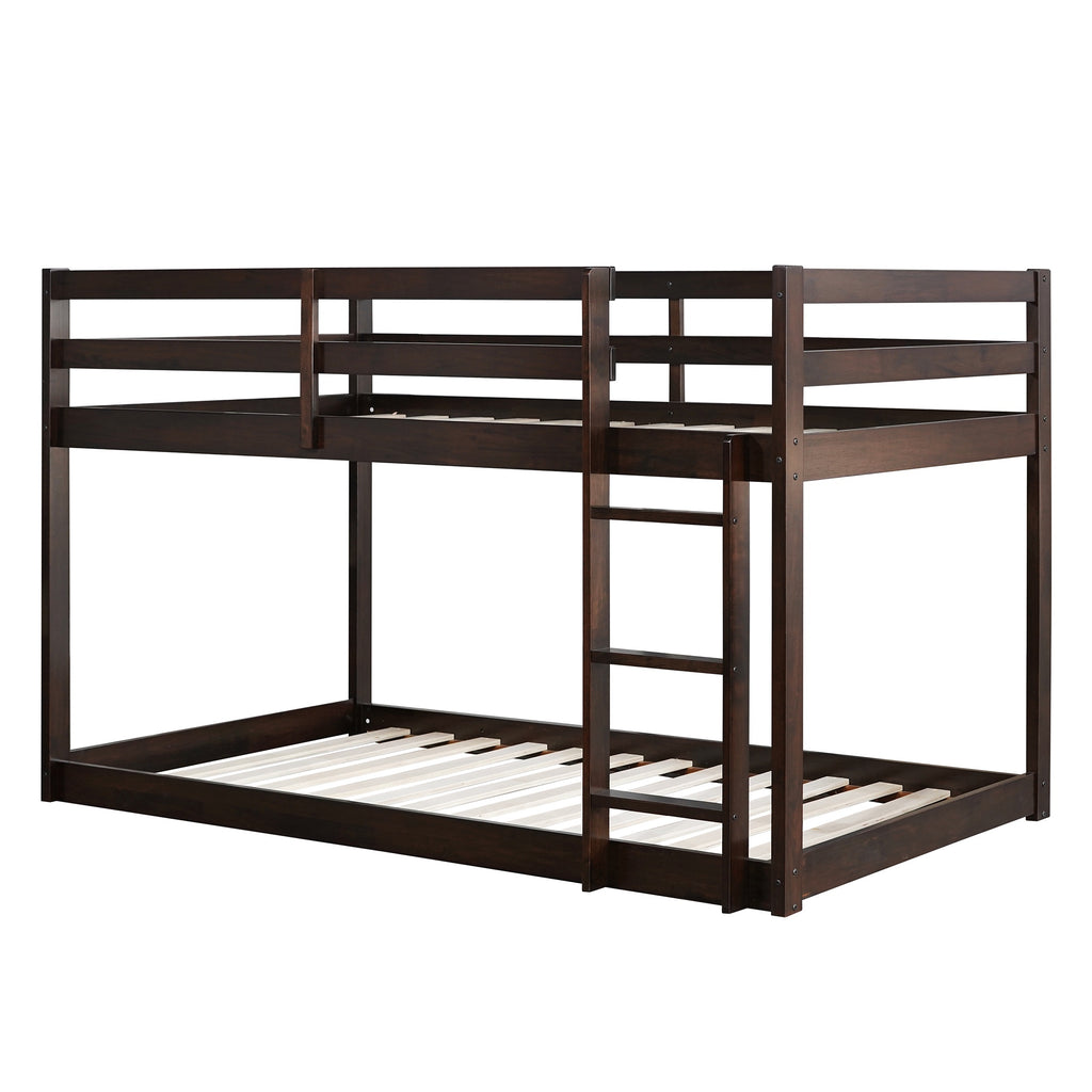 Twin Over Twin Floor Bunk Bed, UHOMEPRO Solid Wood Low Bunk Bed with Safety Rail, Ladder, Heavy Duty Bunk Beds, Space-Saving Bedroom Dorm Furniture, Gray