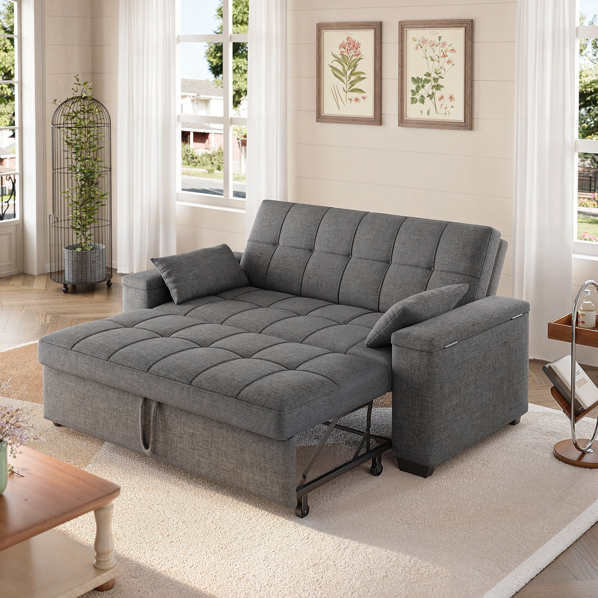 Sofa Bed, Lofka 3 in 1 Convertible Couch Bed with Storage Armrest and Adjustable Backrest for Living Room, Dark Gray