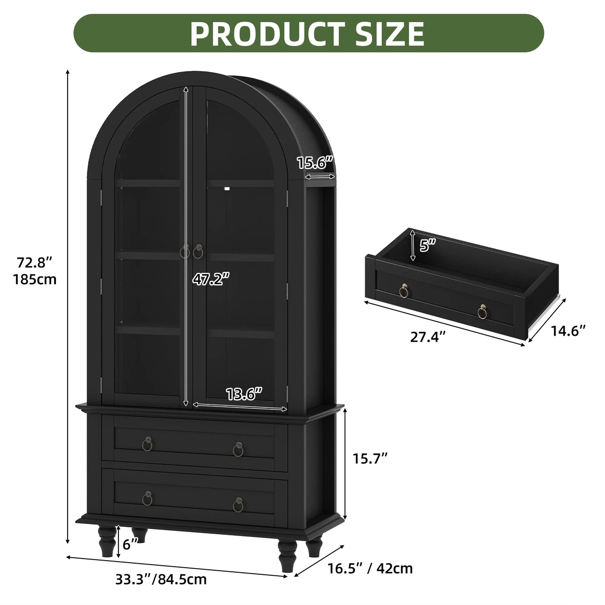Uforic 73" Arched Pantry Cabinet with LED Light, Drawers, Shelves, Farmhouse Kitchen Storage, Black