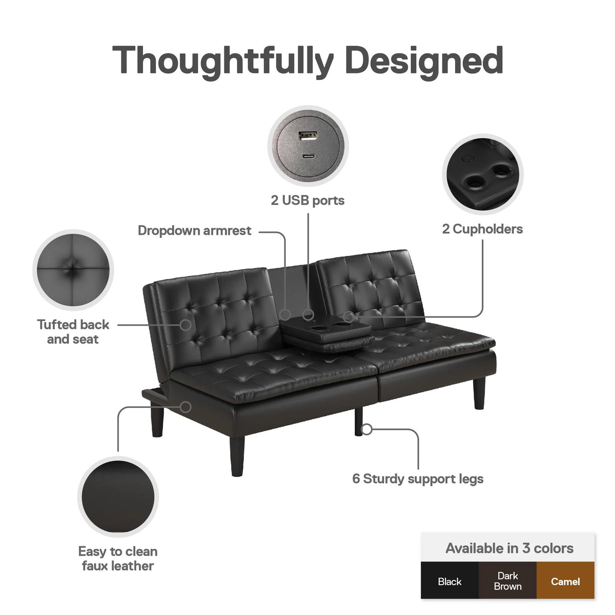 Mainstays Memory Foam 71.5" Futon with Cupholder and USB, Black Faux Leather