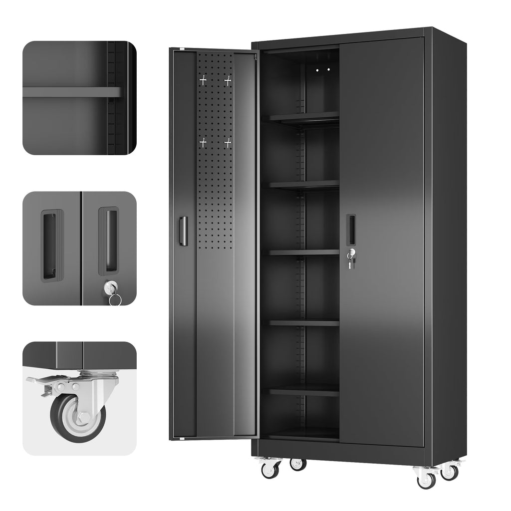 SUPEER Metal Rolling Storage Cabinets with Locking Doors and 5 Adjustable Shelves, Steel Garage Storage Cabinet for Garage, Office, Classroom, Assemble Required(Black)
