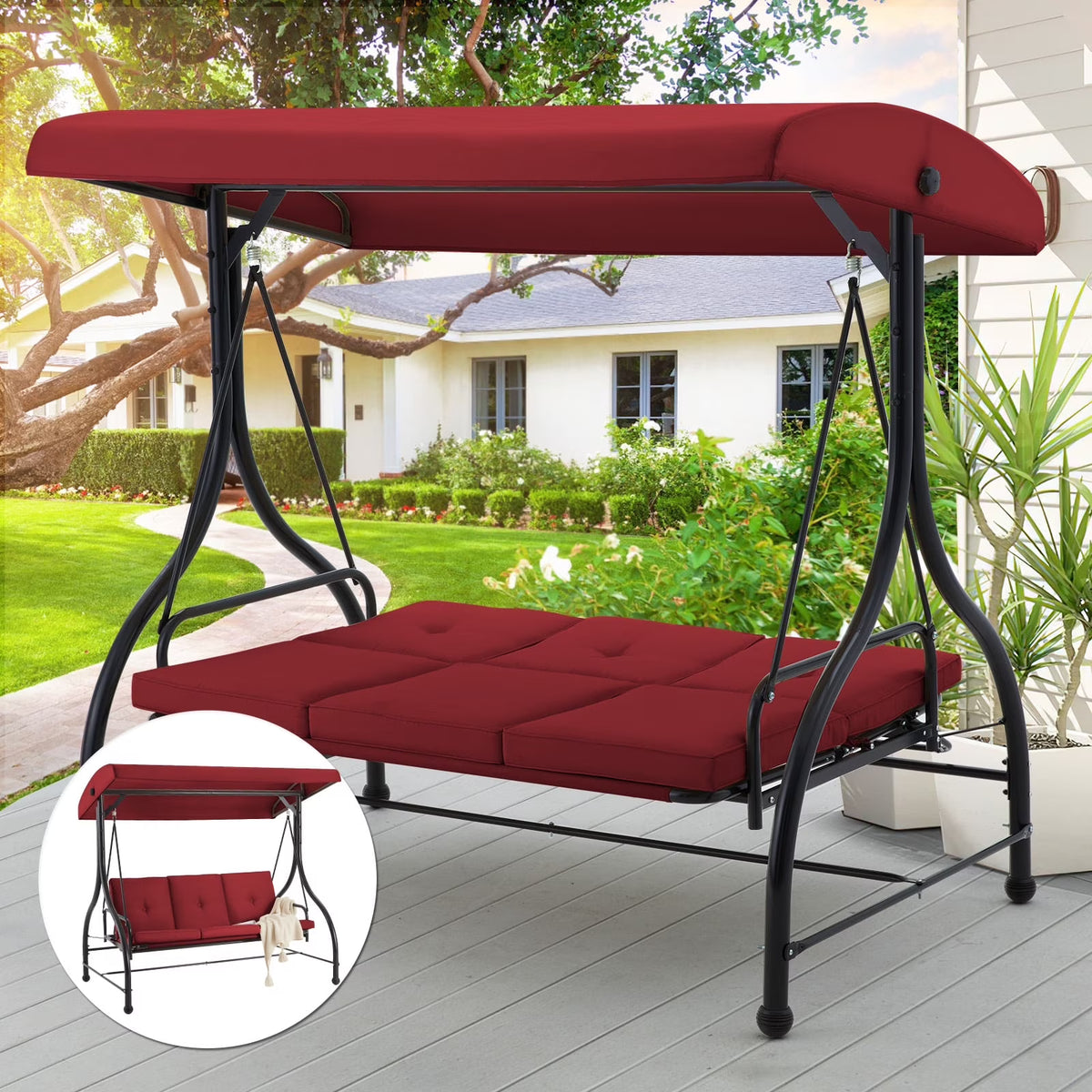 AECOJOY 3 Person Canopy Steel Porch Swing, Converting Swing Glider Hammock-Beige