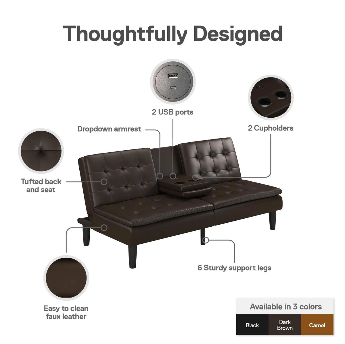 Mainstays Memory Foam 71.5" Futon with Cupholder and USB, Black Faux Leather