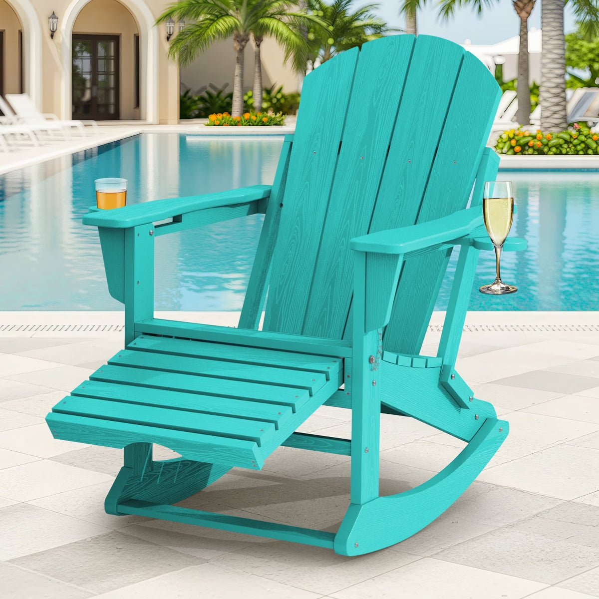 KINGYES Folding Adirondack Rocker Chair Set of 2 W/ Footrest & Dual Cup Holders, HDPE Outdoor Patio Rocking Chair, Black