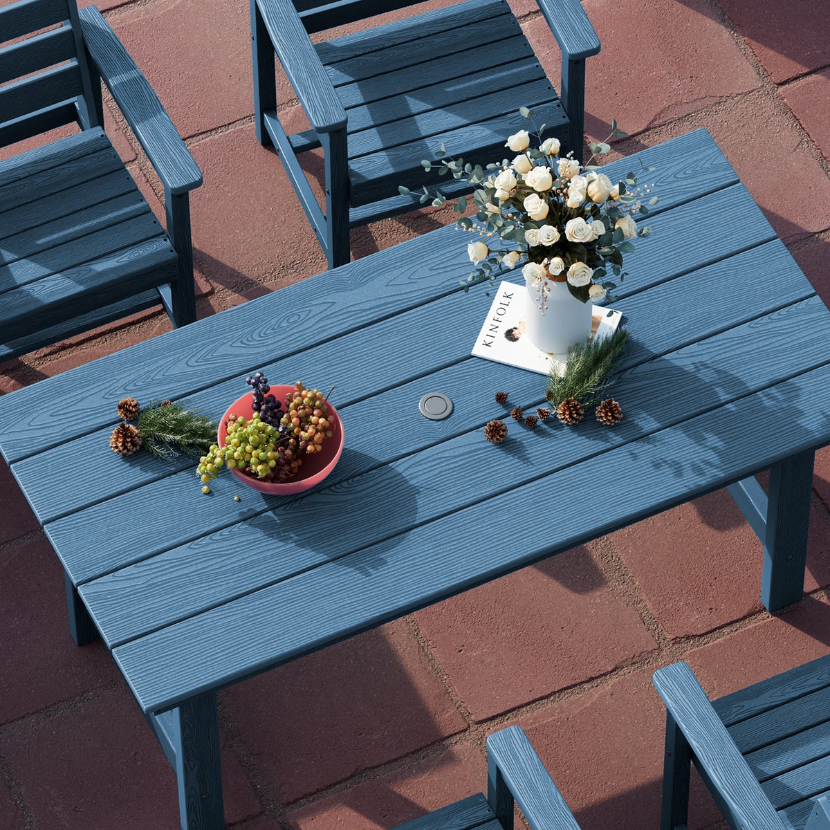 KINGYES 7-Piece Outdoor Dining Set, HDPE Patio Table and Chairs with Umbrella Hole, Gray