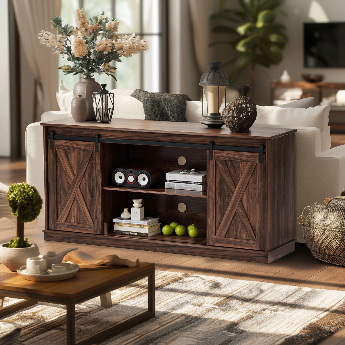 GIANNA TV Stand for Televisions up to 65 Inch, Entertainment Center with Sliding Barn Doors, Storage Cabinets and Media Shelves, Living Room Console Table, White