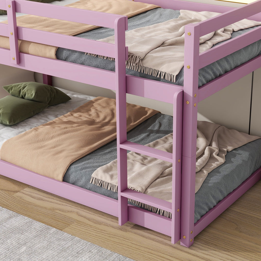 Twin Over Twin Floor Bunk Bed, UHOMEPRO Solid Wood Low Bunk Bed with Safety Rail, Ladder, Heavy Duty Bunk Beds, Space-Saving Bedroom Dorm Furniture, Gray