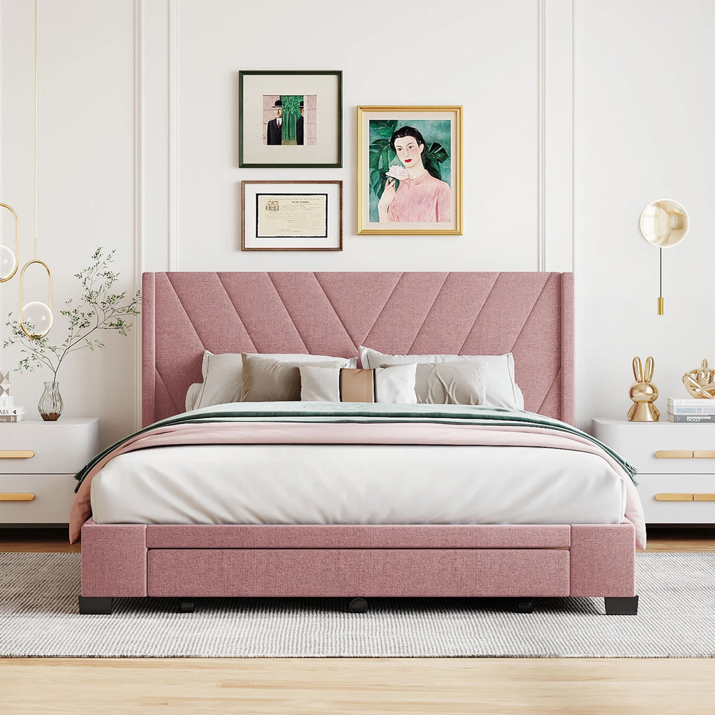 Sesslife Queen Bed Frame with Storage, New Upgraded Linen Upholstered Platform Bed with 3 Drawers, Queen Size Storage Bed with Headboard and Wooden Slats, No Box Spring Needed, Holds 500lbs, Beige