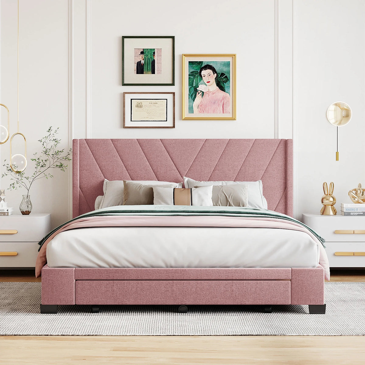 Sesslife Queen Bed Frame with Storage, New Upgraded Linen Upholstered Platform Bed with 3 Drawers, Queen Size Storage Bed with Headboard and Wooden Slats, No Box Spring Needed, Holds 500lbs, Beige