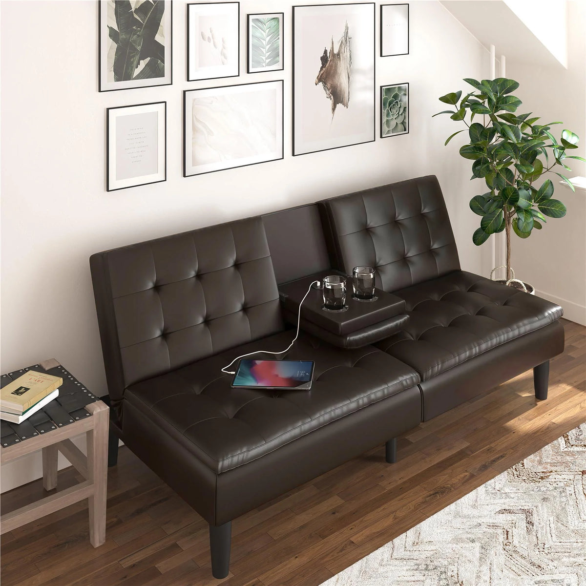 Mainstays Memory Foam 71.5" Futon with Cupholder and USB, Black Faux Leather