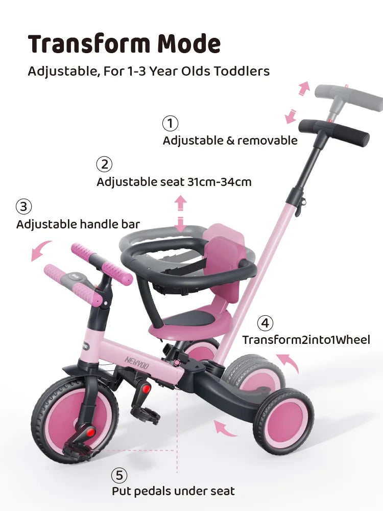 newyoo TR008 5-in-1 Toddler Tricycle with Push Handle, Converts to Balance Bike for 1-3 Year Old, Khaki