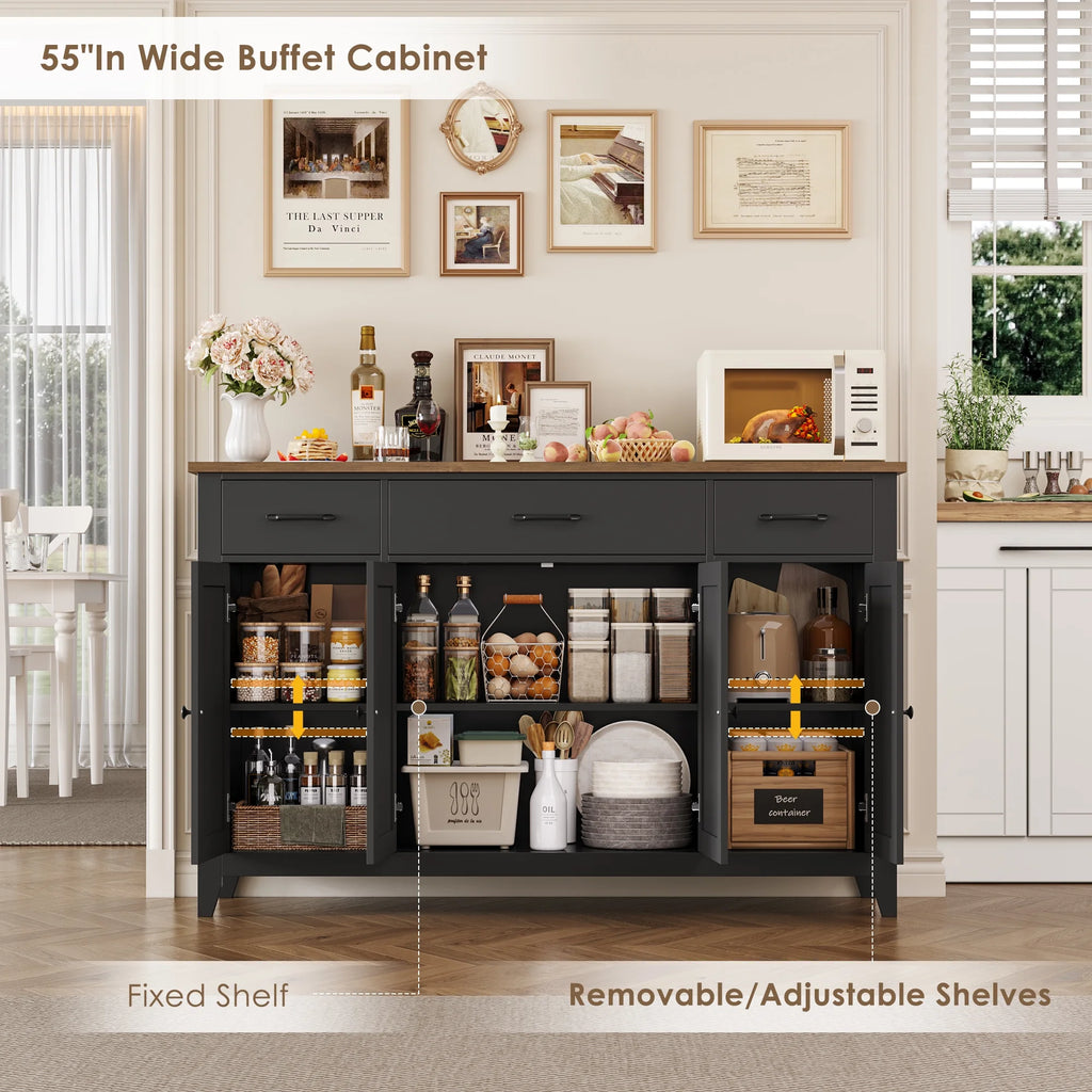 Hiphuta 55"Wide Buffet Cabinet with 2 Adjustable Shelves, Modern Farmhouse Coffee Bar with 3 Drawers and Sturdy Base for Living Room, White