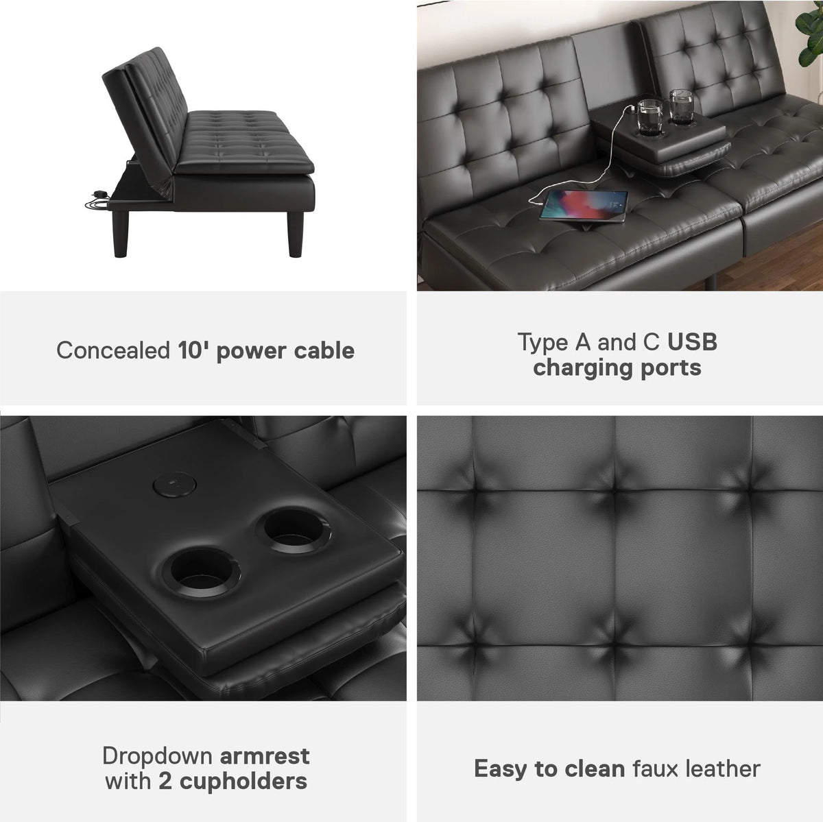 Mainstays Memory Foam 71.5" Futon with Cupholder and USB, Black Faux Leather