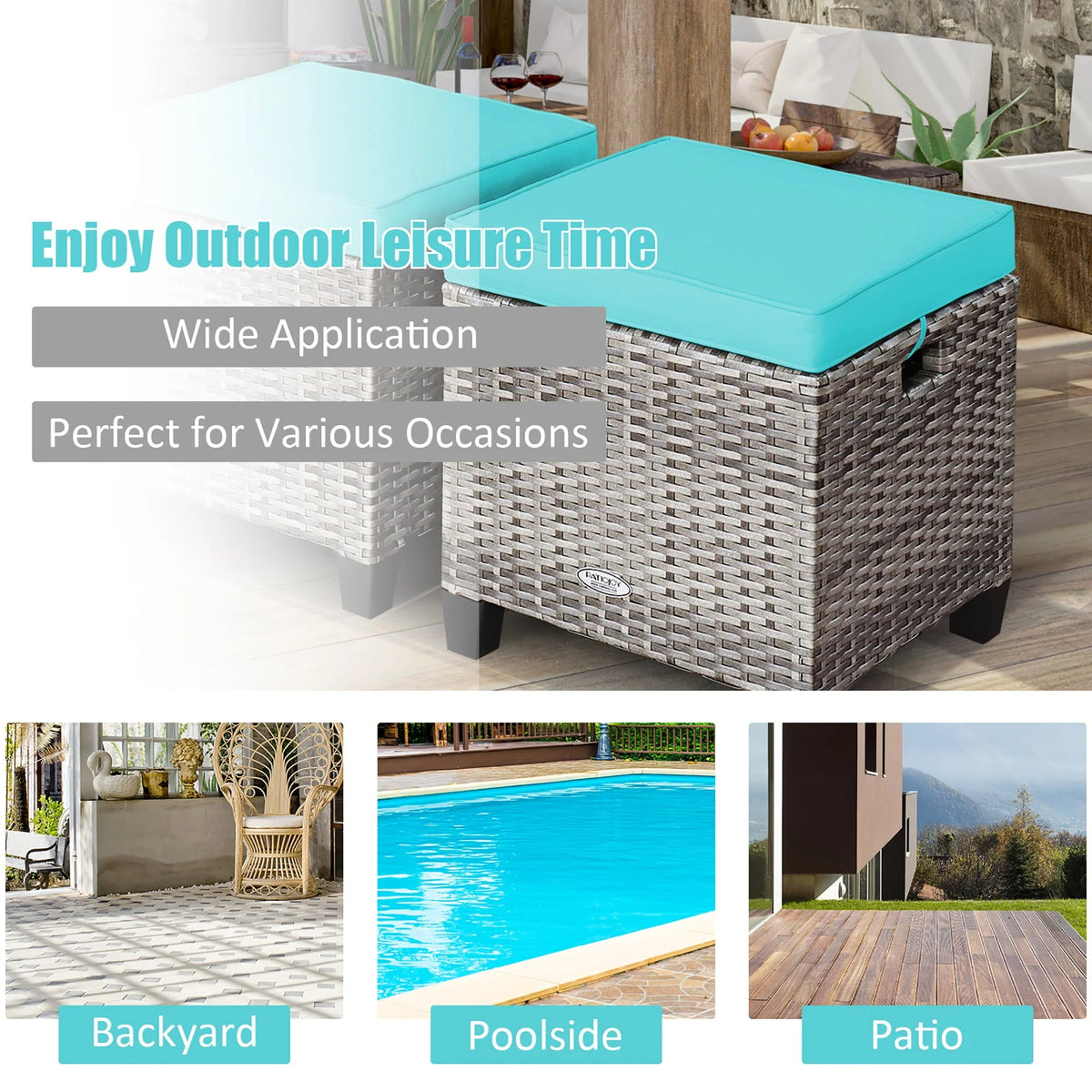 Costway 2PCS Patio Rattan Cushioned Ottoman Seat  Foot Rest TableTurquoise