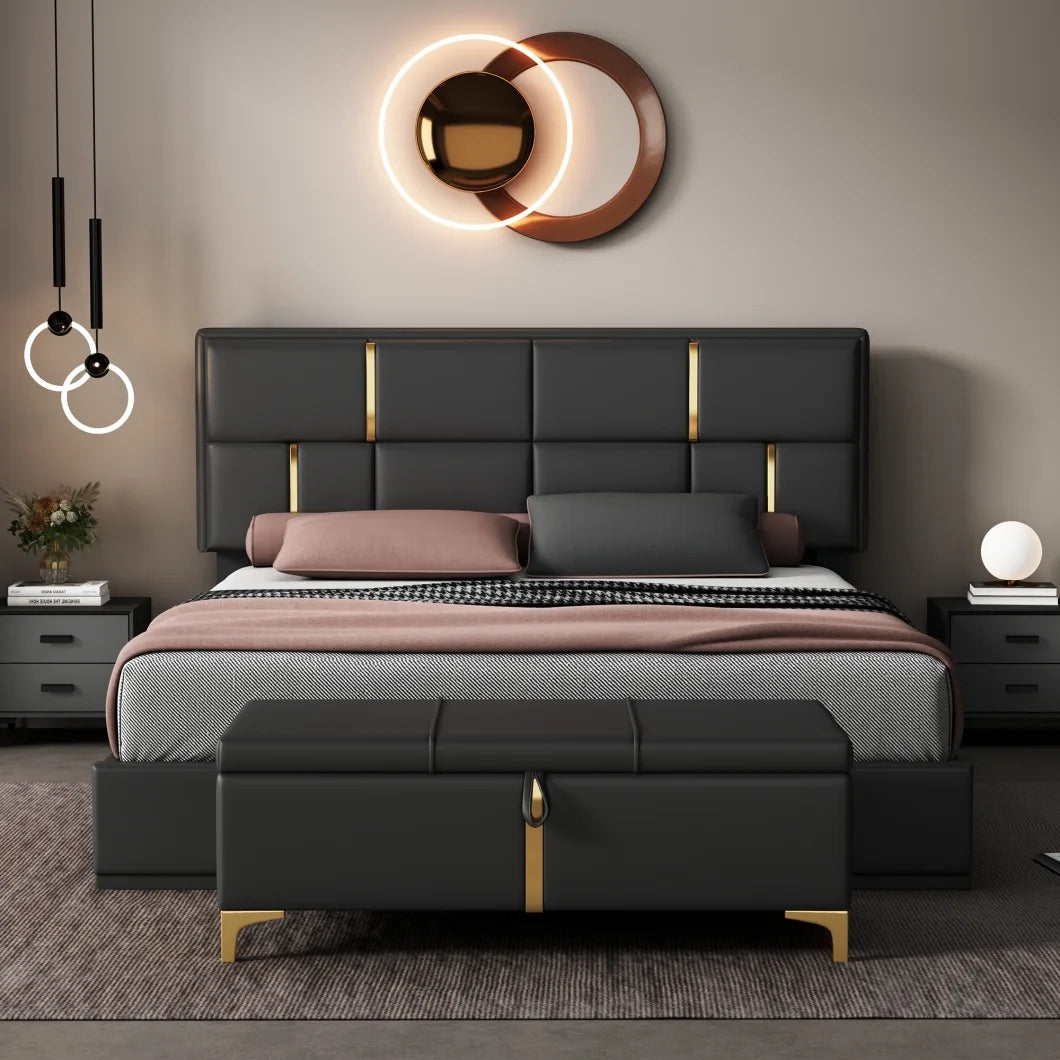 2-Pieces Bedroom Sets, Queen Size Upholstered Platform Bed with Hydraulic Storage System,Storage Ottoman with Metal Legs, 2 Piece Wood Bedroom Furniture Set, Beige