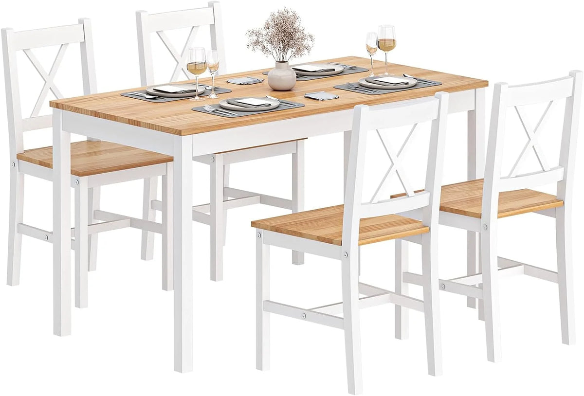 Soges 5 Pieces Dining Table Set, Pine Wood Kitchen Dining Table with 4 Chairs, Wood Rectangular kitchen table and chairs for 4, Small Dining Set for Bar Dining Room Breakfast Nook, White and Gray