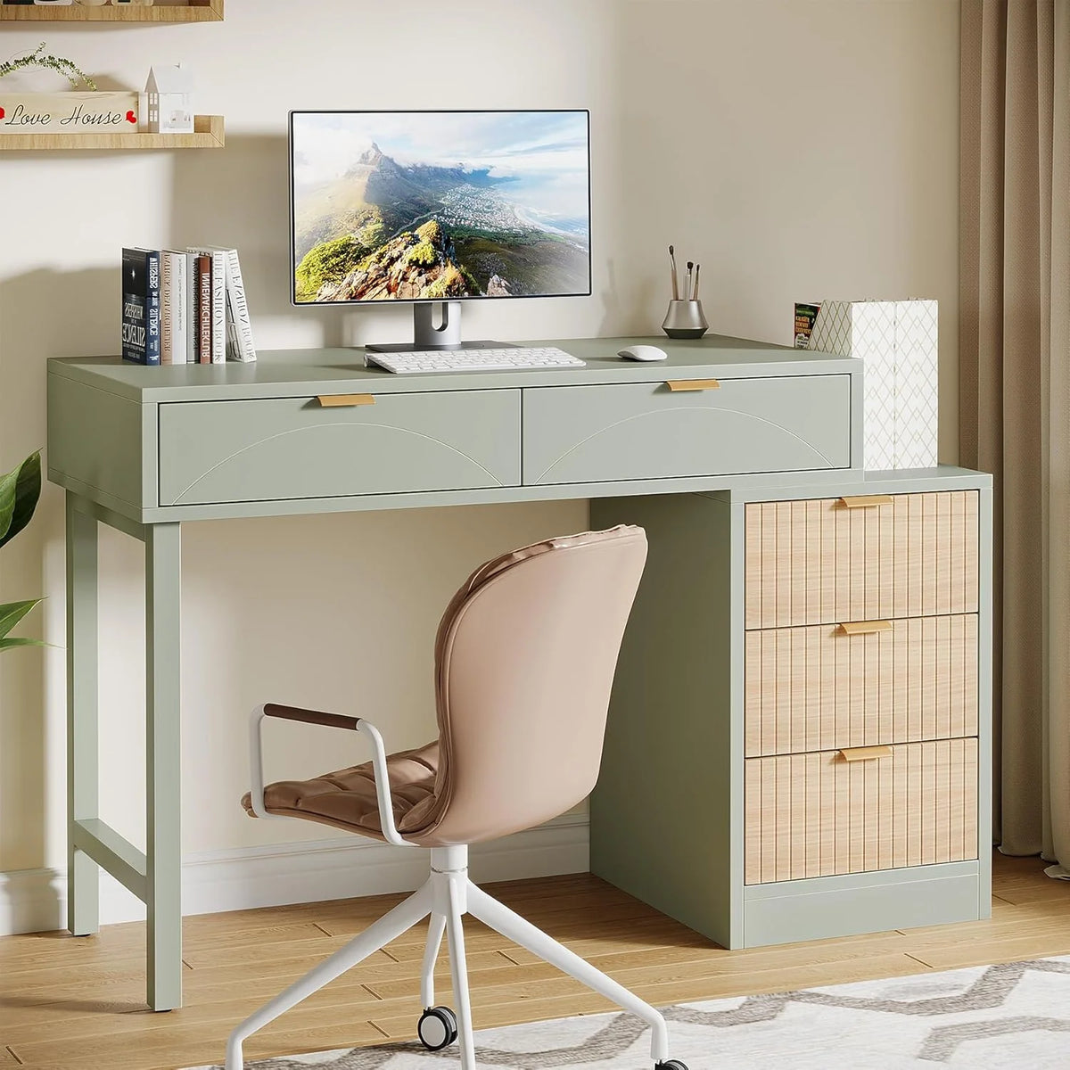 Tribesigns 39" Reversible Computer Desk with 5 Drawers, Wood Writing Desk for Home Office, Green