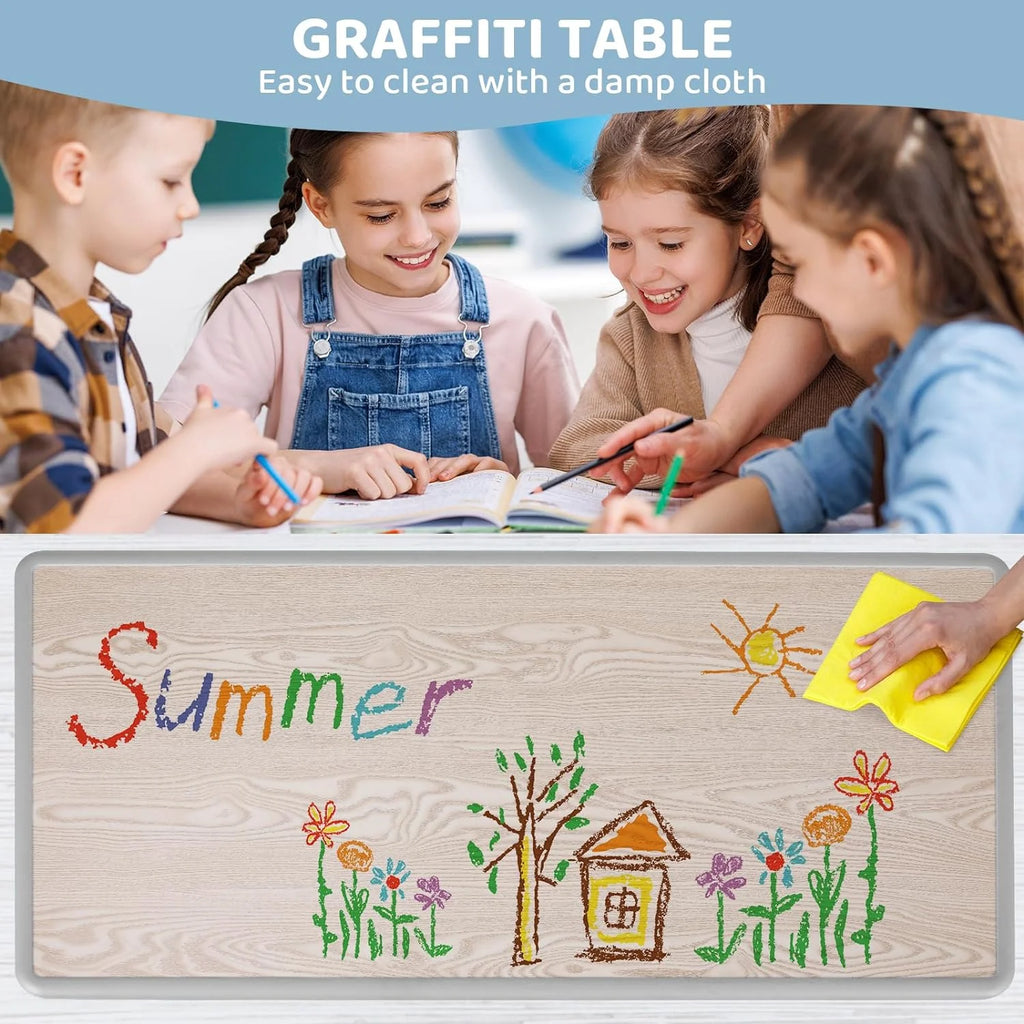 Arlopu Adjustable Kids Table and 6 Chairs Set, Toddler Play Activity Table Set with Graffiti Tabletop, Preschool Kids Furniture Table Set for Reading, Drawing, Eating