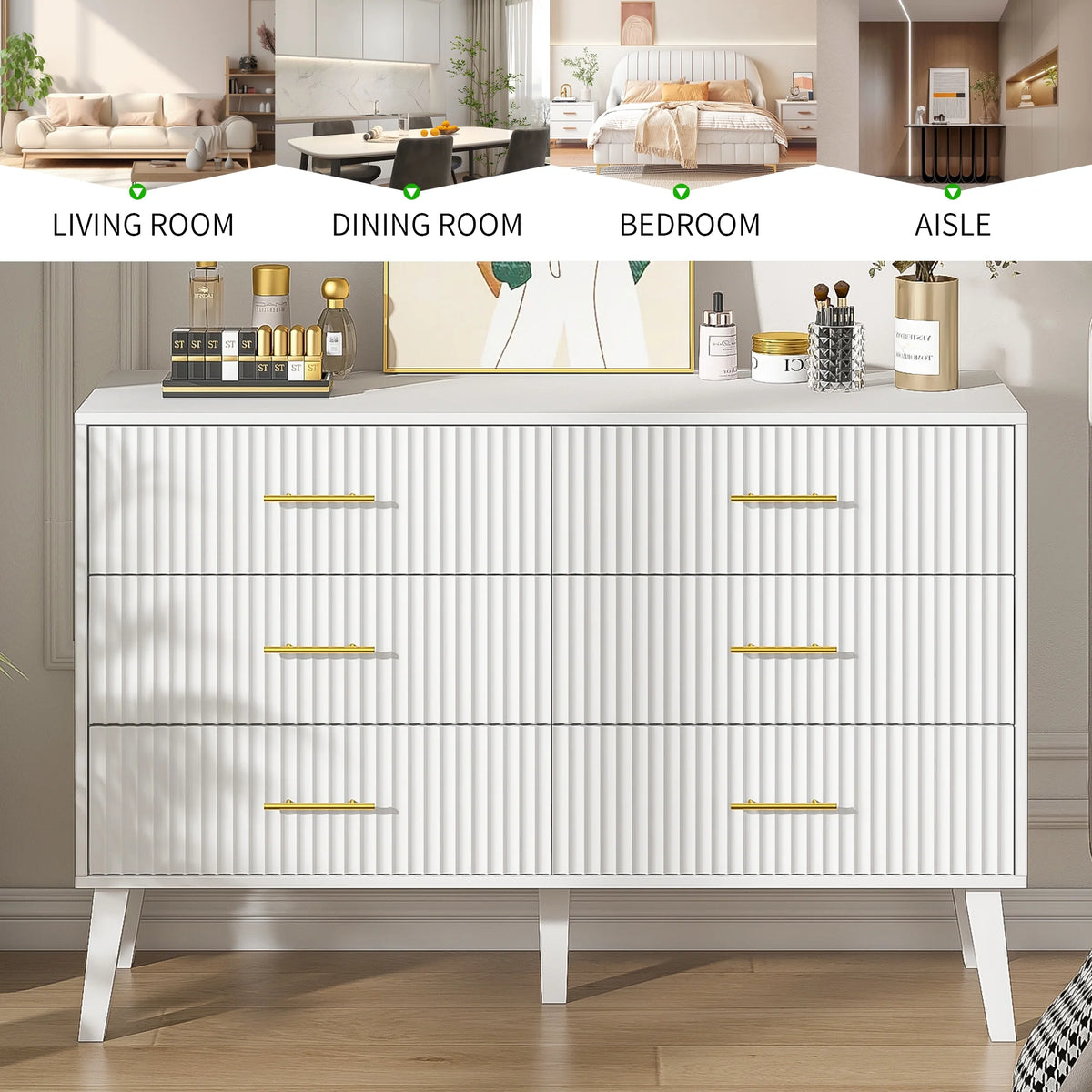 Fluted 6 Drawers Dresser, Wide Modern Chest of Drawers, 6 Drawer Double Dresser