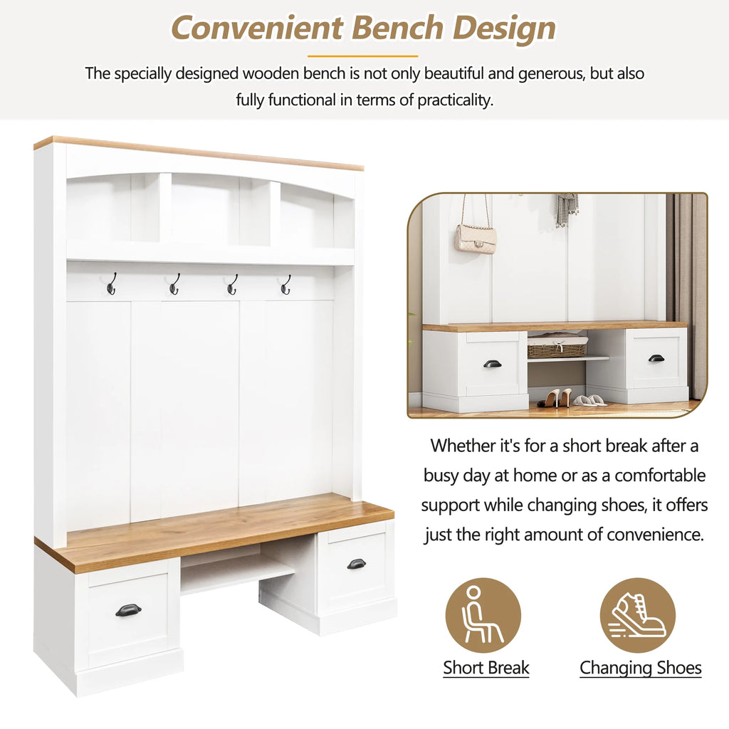 Harper & Bright Designs Farmhouse Hall Tree with Bench and Shoe Storage, Mudroom Bench with Coat Rack and Adjustable Shelves for Hallway, Living Room, White