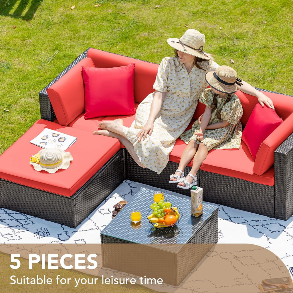 Devoko 5 Pieces Patio Furniture Sets All Weather Outdoor Sectional Patio Sofa Manual Weaving Wicker Rattan Patio Seating Sofas with Cushion and Glass Table(Beige)