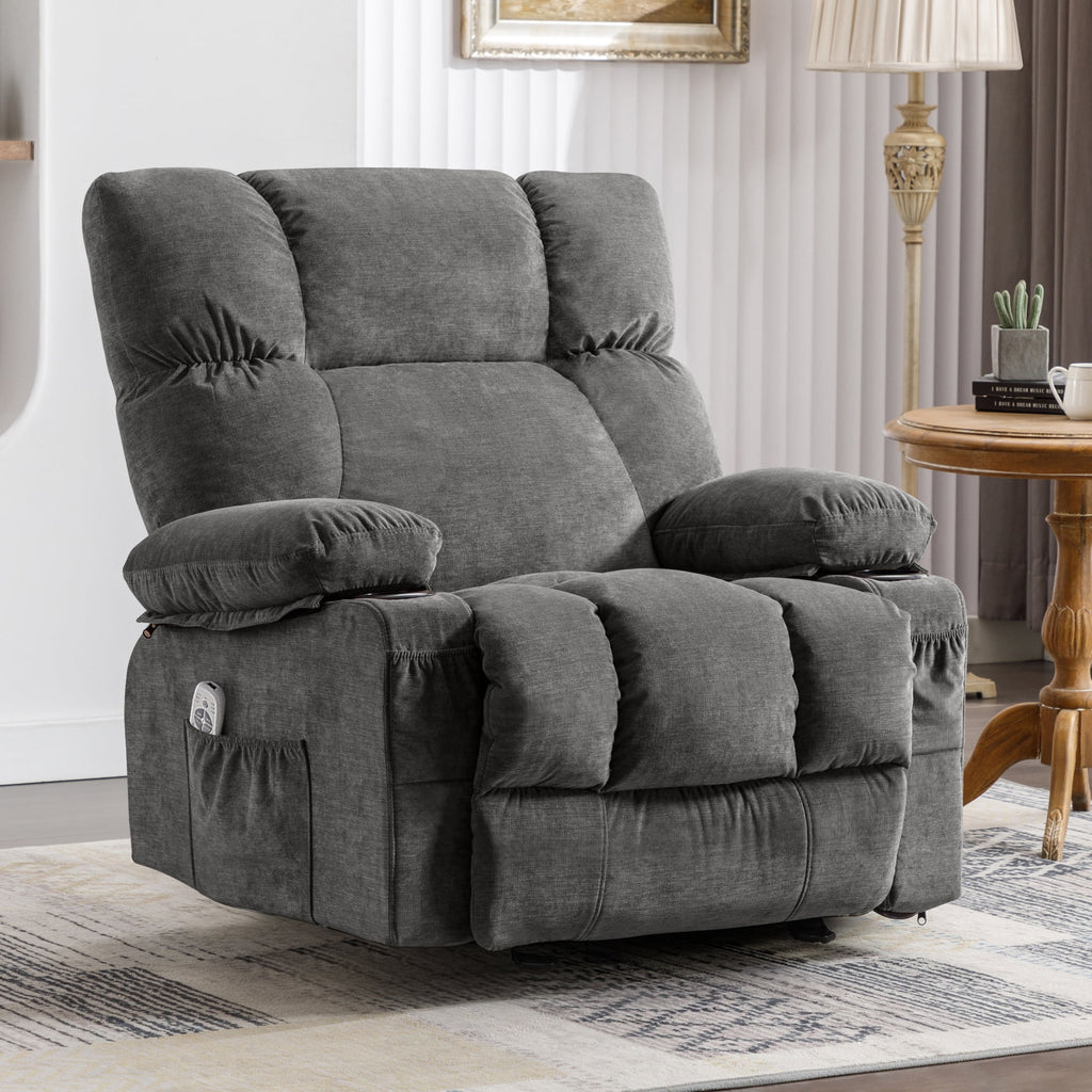 JONPONY Manual Recliner Chair with Heat Therapy and Massage Function, Heavy Duty Reclining Mechanism Massage Chair, Elderly Single Rocker Sofa with Cup Holders for Bedroom Home Theater,Grey