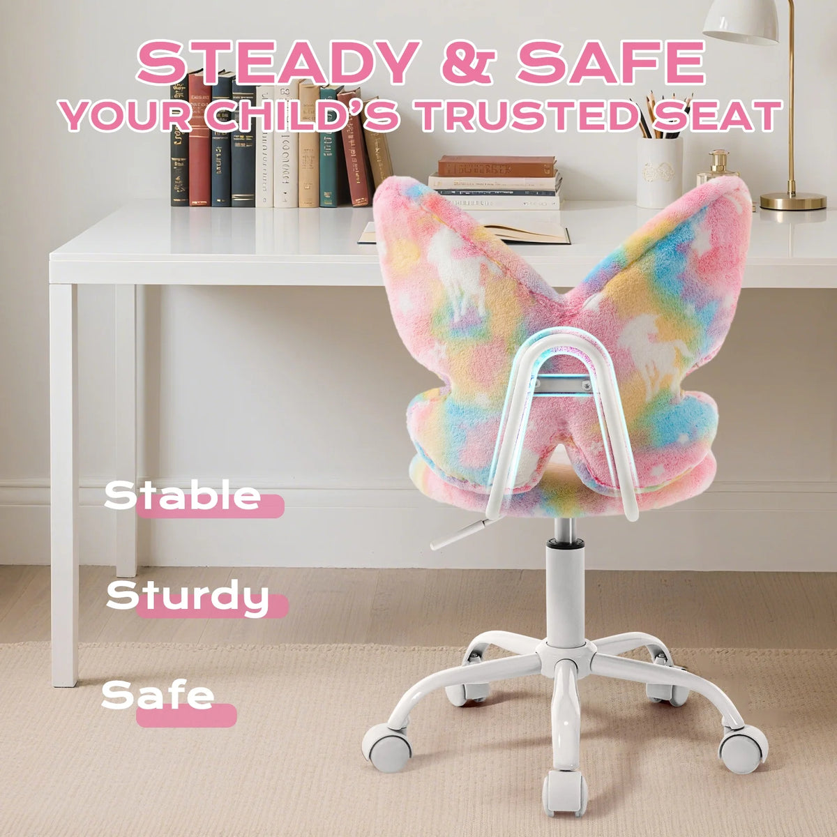Adorable Butterfly Kids Desk Chair - Comfy Swivel Computer Chair for Girls Room, Fluffy Kids Office Chair for Reading & Vanity,Blue