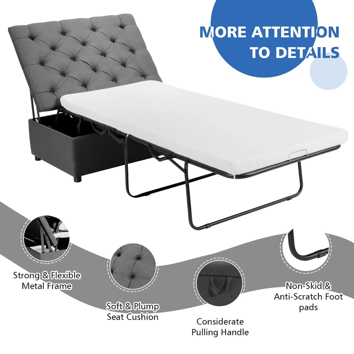 Costway Folding Ottoman Sleeper Bed with Mattress Convertible Guest Bed Grey