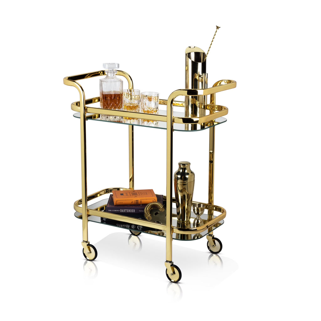 Viski Stainless Steel Bar Cart with Wheels, Mirror Shelves, Home Bar, Gold