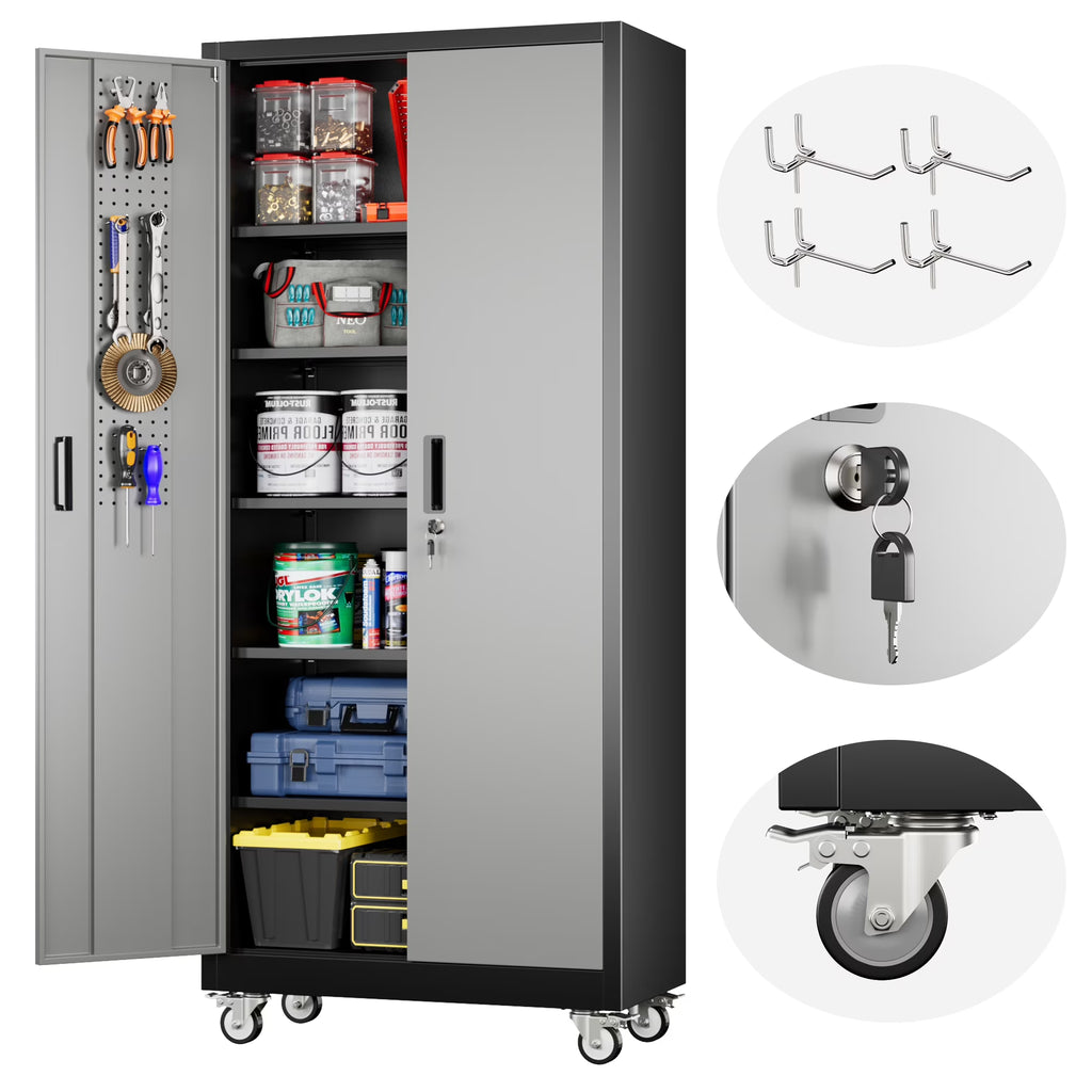 SUPEER Metal Rolling Storage Cabinets with Locking Doors and 5 Adjustable Shelves, Steel Garage Storage Cabinet for Garage, Office, Classroom, Assemble Required(Black)