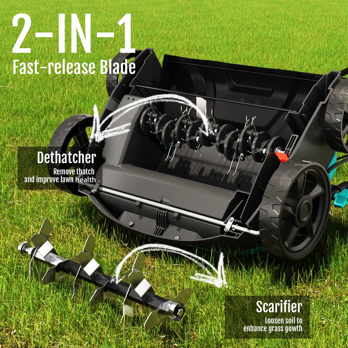 2-in-1 Scarifier and Dethatcher �C Deep Soil Revitalization with High-Torque Motor, Adjustable Depth Control, Dual Safety Switch & Removable 10.5-Gallon Thatch Bag