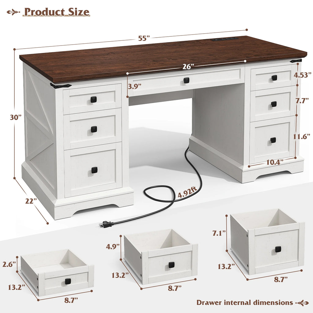 EnHomee Farmhouse Desk with Drawers, Wood Home Office Desk with Charging Station, Antique White