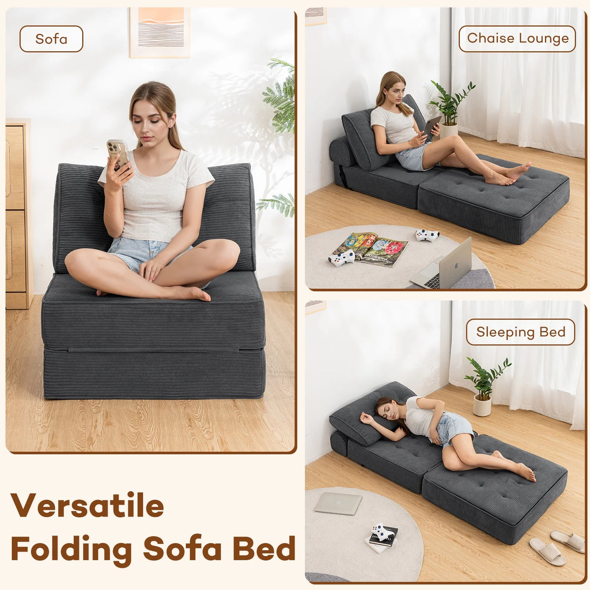 Hommpa Folding Sofa Bed Foldable Couch Bed Convertible Futon Chair with High Density Foam Filling with Pillow for Adult,Comfort chair bed for Living Room Bedroom,Gray,Single
