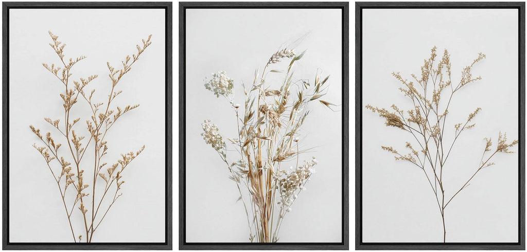IDEA4WALL Framed Canvas Print Wall Art Set of 3 Wildflower Floral Botanical Prints, Modern Farmhouse Flowers Wall Decor, Large Wall Art, Minimalist Artwork for Home Decor - Black 16"x24"x3