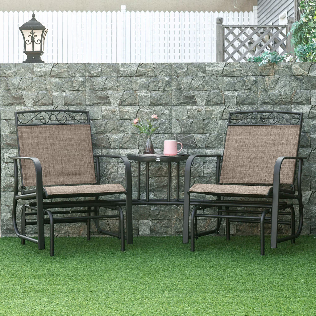 Outsunny Outdoor Glider Chairs with Coffee Table, Patio 2-Seat Rocking Chair Swing with Breathable Sling for Backyard, Garden and Porch, Black