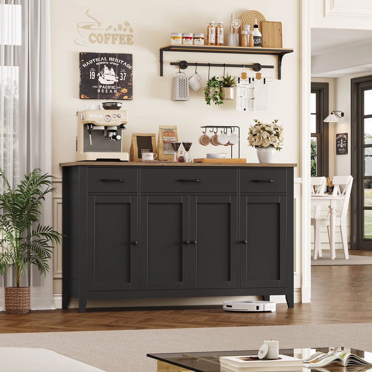 Hiphuta 55"Wide Buffet Cabinet with 2 Adjustable Shelves, Modern Farmhouse Coffee Bar with 3 Drawers and Sturdy Base for Living Room, White
