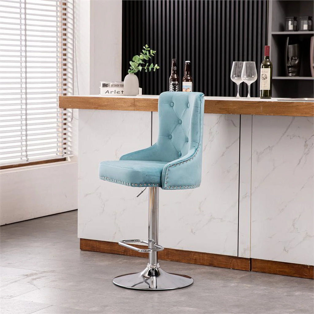 Alexent  2PCS Swivel Bar Stools, High Back, Button Tufted, Silver Footrest and Nailhead Trim Swivel Bar Chairs for Kitchen, Bar Velvet Upholstered Bar Stools, Dark Blue