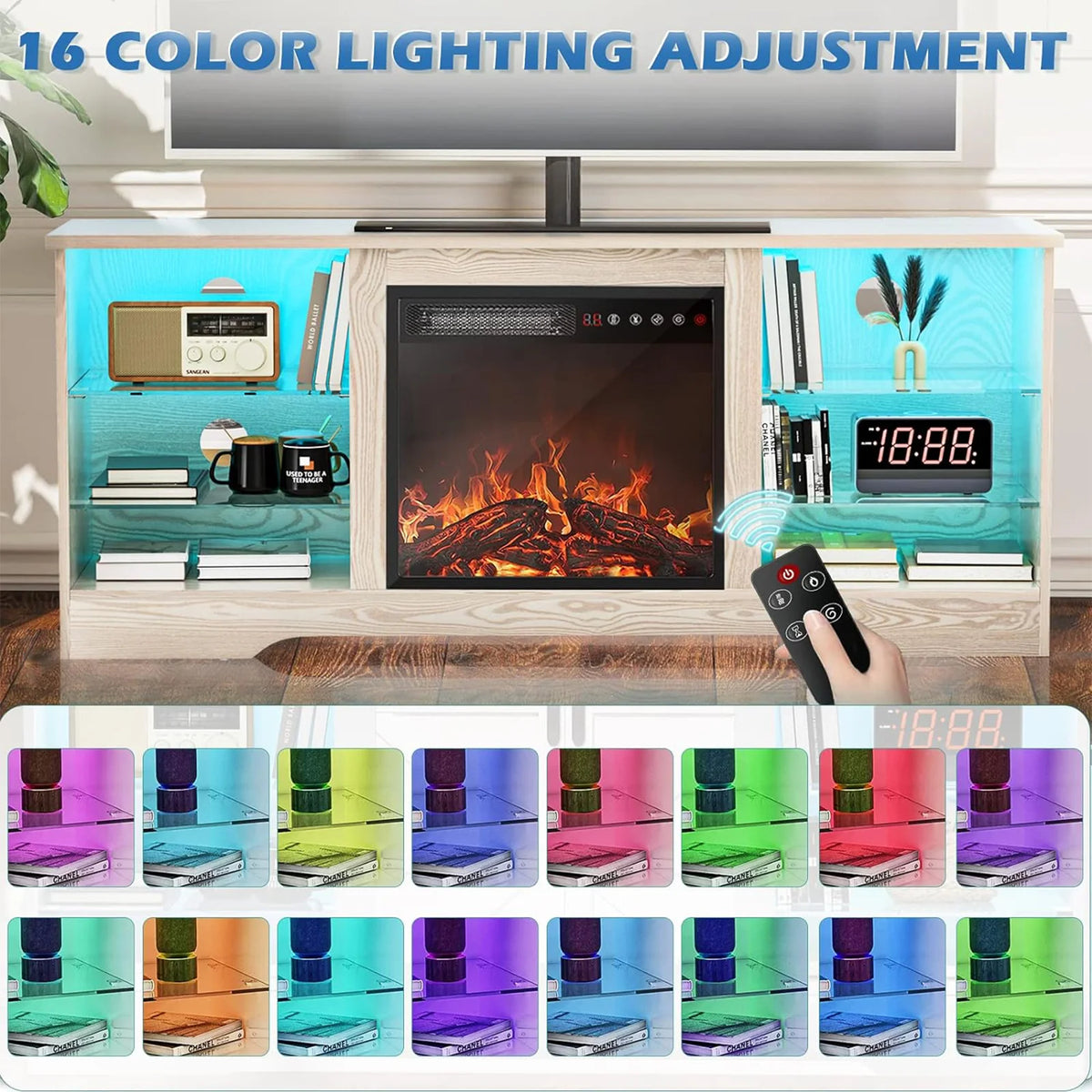 Waleaf Fireplace TV Stand with 18'' Fireplace for TVs up to 65 inch, Two Adjustable Glass Shelves