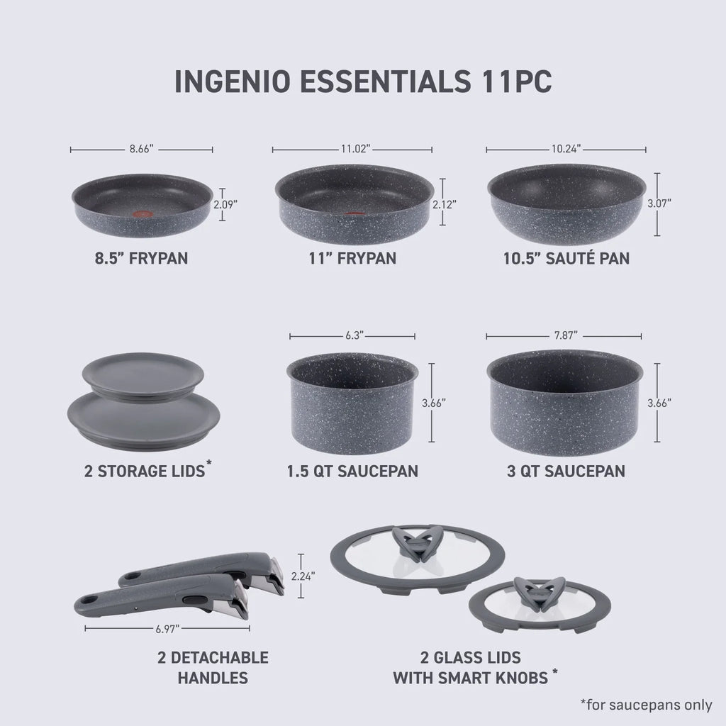 T-fal Ingenio Essentials Nonstick, 11 Piece Cookware Set, Detachable Handle, Oven, Broiler, Dishwasher Safe, RV, Grey Granite
