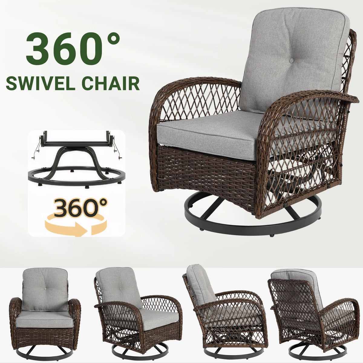 3 Piece Patio Swivel Rocker Chairs Set, 2 360-Degree Swivel Rocking Chairs with 1 Glass Top Table, PE Rattan Outdoor Bistro Set with Cushions for Balcony Deck Poolside Backyard Porch