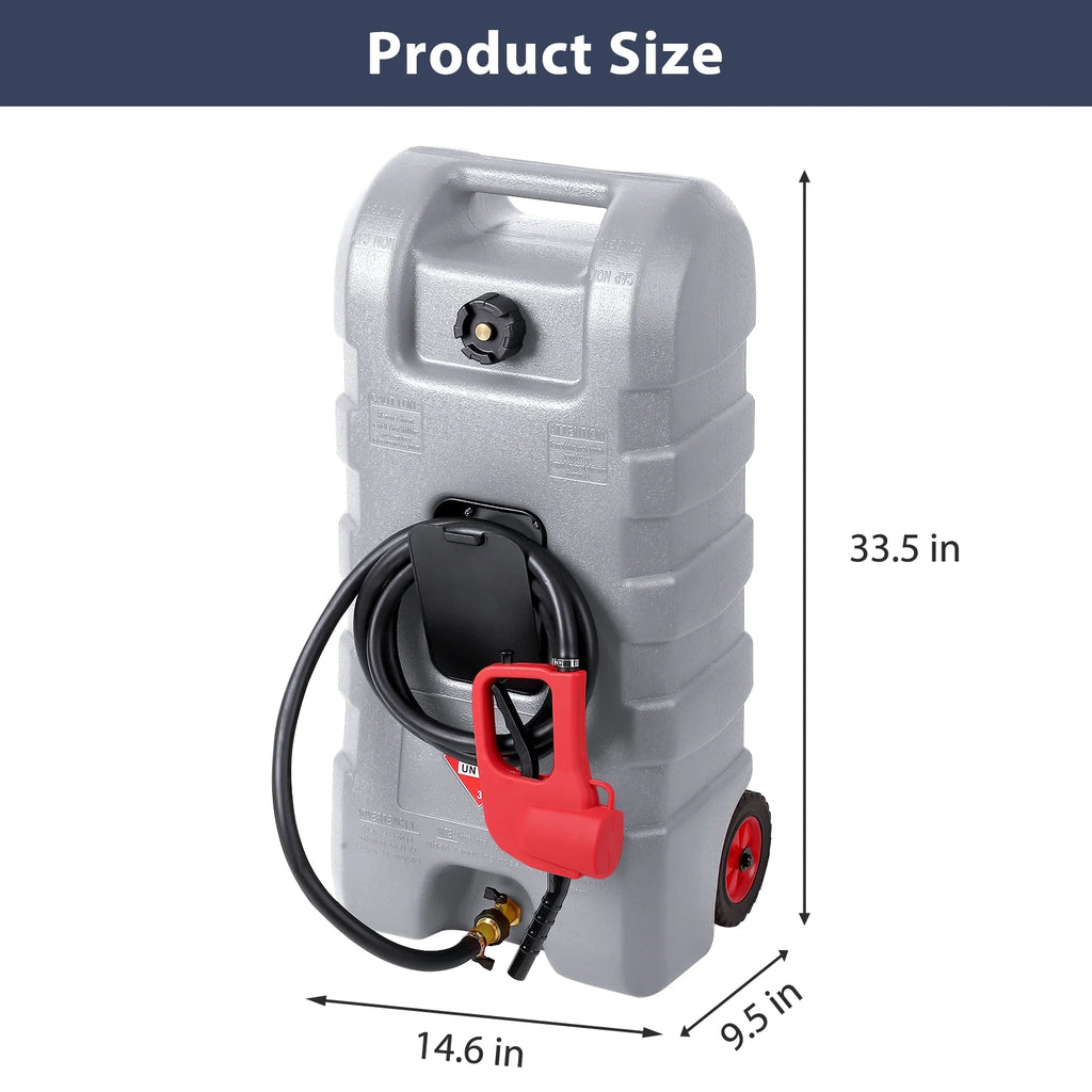 15 Gallon Fuel Caddy, Portable Gas Fuel Tank Container with LE Fluid Transfer Siphon Pump and 10ft. Delivery Hose, Diesel Storage Can On-Wheels for Cars, Lawn Mowers, ATVs, Boats, Gray