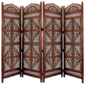 Four Panel Wooden Room Divider with Hand Carved Details in Antique Brown