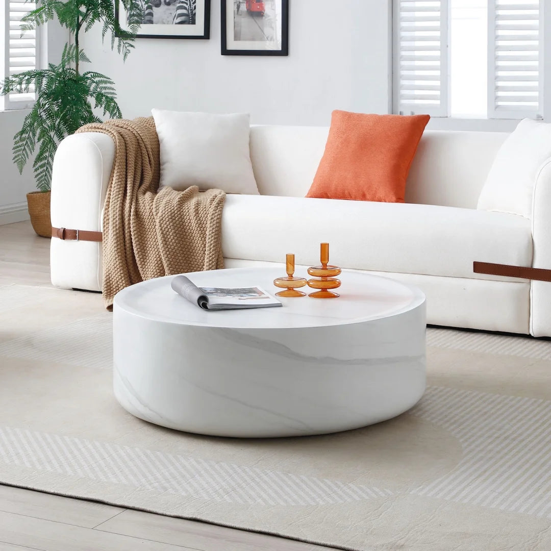 31.49'' Round Coffee Table with Marble Texture, Modern Low Drum Circle Fiberglass Coffee Table, Side Table Accent Table for Living Room, Outdoor, No Need Assembly, Marble