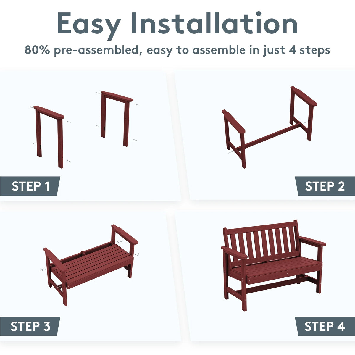 SERWALL Outdoor Bench for 2-Person, Weather-Resistant HDPE with Aluminum Reinforcement, Supports 660 lbs, Comfortable Seating for Patio, Garden, and Porch, Black