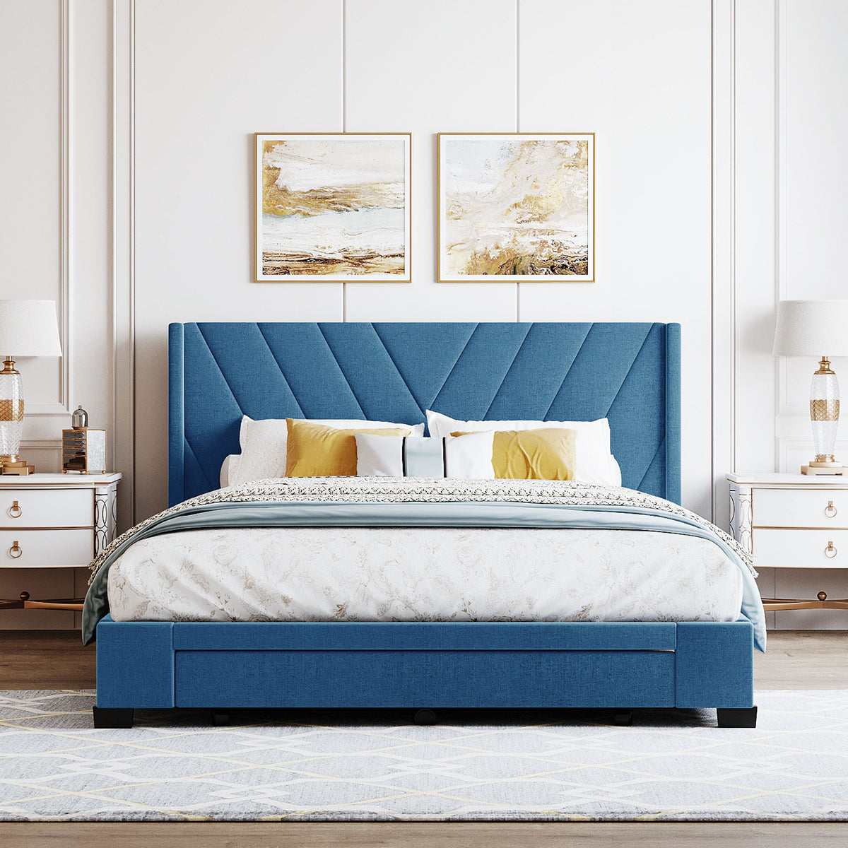 Sesslife Queen Bed Frame with Storage, New Upgraded Linen Upholstered Platform Bed with 3 Drawers, Queen Size Storage Bed with Headboard and Wooden Slats, No Box Spring Needed, Holds 500lbs, Beige