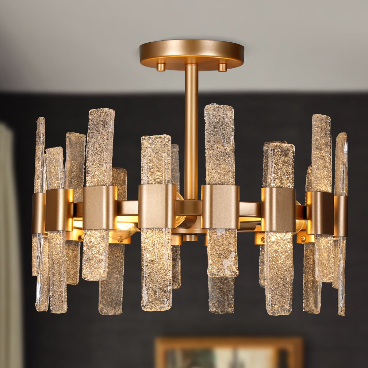 Mid-Century Modern 3 Lights Semi-flush Mount Drum Ceiling Lights Foryer with Crystal Glass Shade - D14'' x H12''